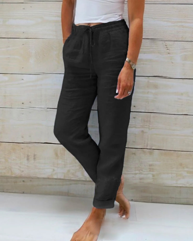 Pantalon large en coton et lin à taille élastique pour femme