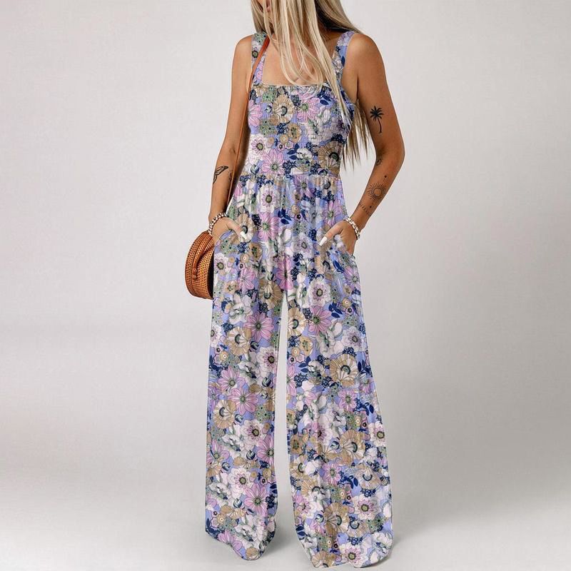 COMBINAISON NOW! pour femme sans manches à imprimé floral – Buste smocké et jambes larges, chic estival