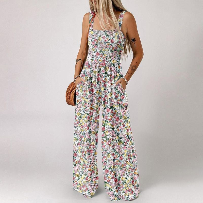 COMBINAISON NOW! pour femme sans manches à imprimé floral – Buste smocké et jambes larges, chic estival