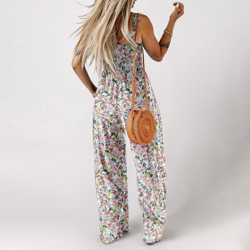 COMBINAISON NOW! pour femme sans manches à imprimé floral – Buste smocké et jambes larges, chic estival