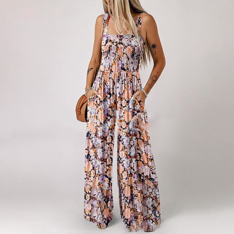 COMBINAISON NOW! pour femme sans manches à imprimé floral – Buste smocké et jambes larges, chic estival