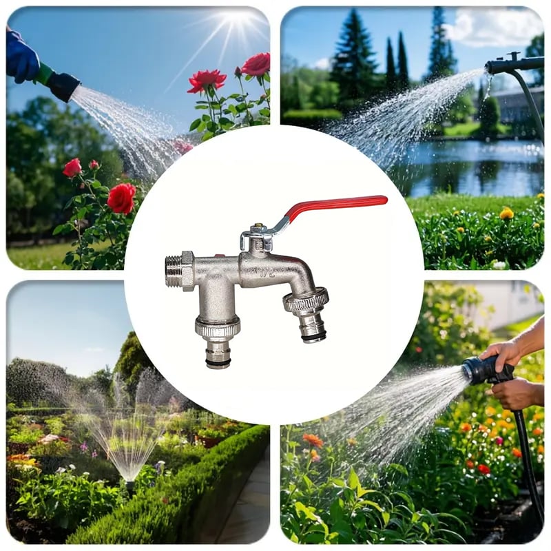 Robinet de jardin universel à double sortie en acier inoxydable – Vannes indépendantes, robuste et facile à installer