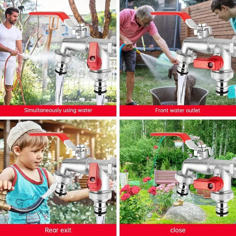 Robinet de jardin universel à double sortie en acier inoxydable – Vannes indépendantes, robuste et facile à installer