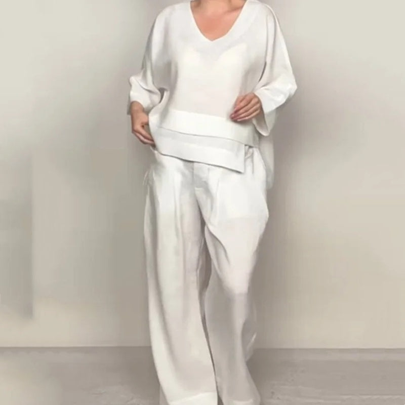 Ensemble 2 pièces en coton et lin à ourlet irrégulier – Haut à col en V + pantalon large, respirant et élégant sans effort