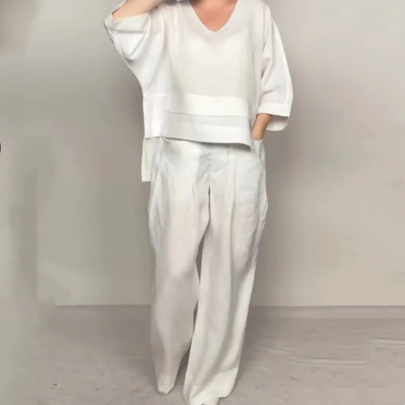 Ensemble 2 pièces en coton et lin à ourlet irrégulier – Haut à col en V + pantalon large, respirant et élégant sans effort