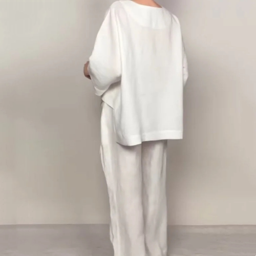 Ensemble 2 pièces en coton et lin à ourlet irrégulier – Haut à col en V + pantalon large, respirant et élégant sans effort