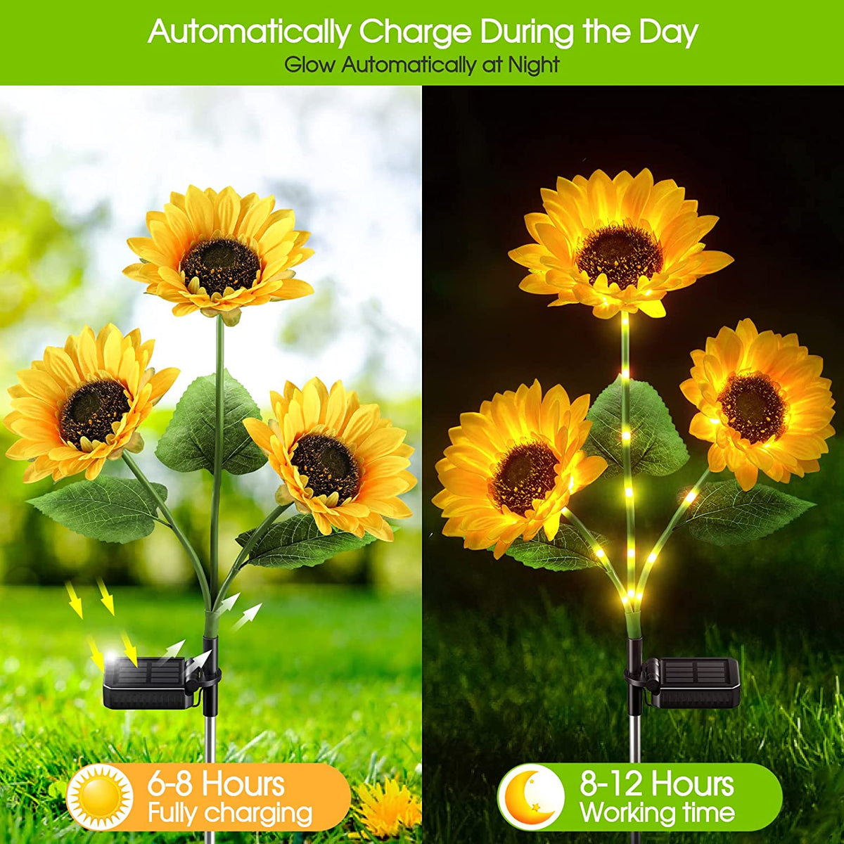 Lampes solaires Tournesol – Allumage/Extinction automatique, 14h d'éclairage, Étanchéité IP65