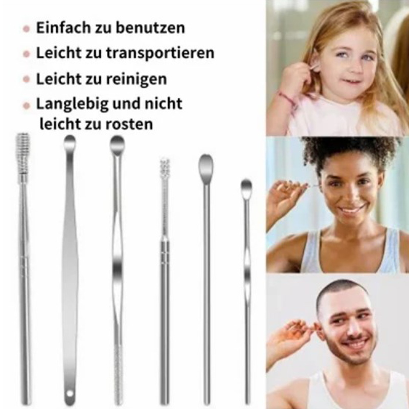 Kit de perçage d'oreille portable 6 pièces en acier inoxydable - Outil de nettoyage d'oreille en spirale