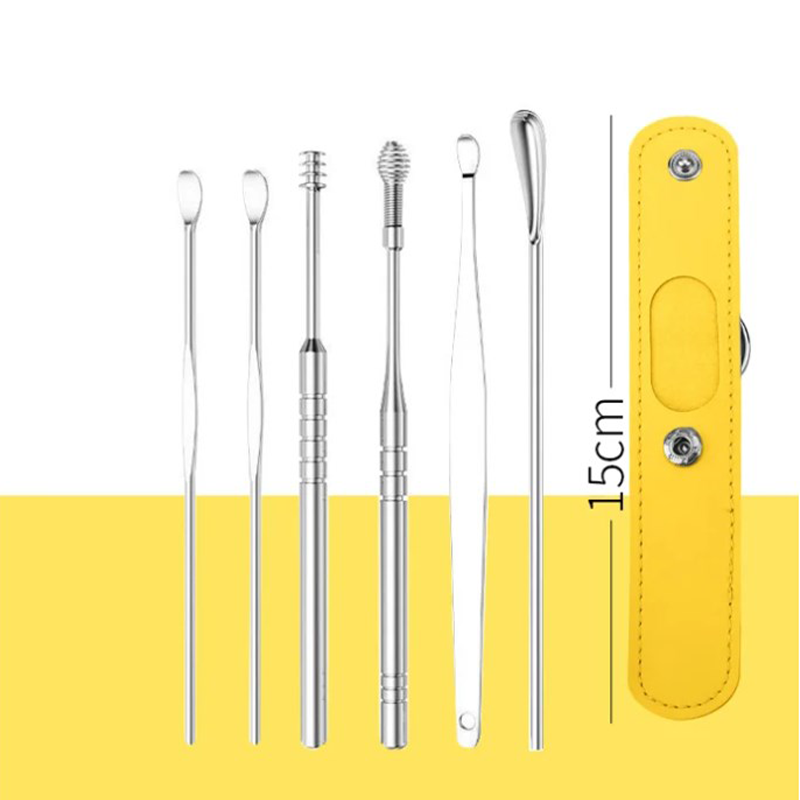 Kit de perçage d'oreille portable 6 pièces en acier inoxydable - Outil de nettoyage d'oreille en spirale