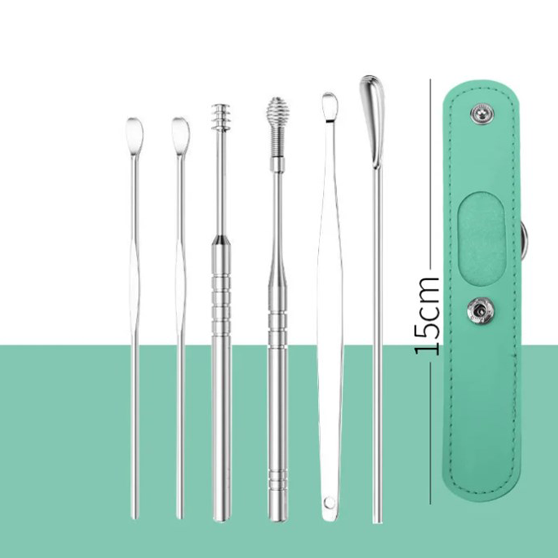 Kit de perçage d'oreille portable 6 pièces en acier inoxydable - Outil de nettoyage d'oreille en spirale