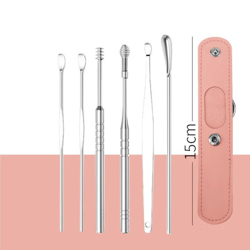 Kit de perçage d'oreille portable 6 pièces en acier inoxydable - Outil de nettoyage d'oreille en spirale