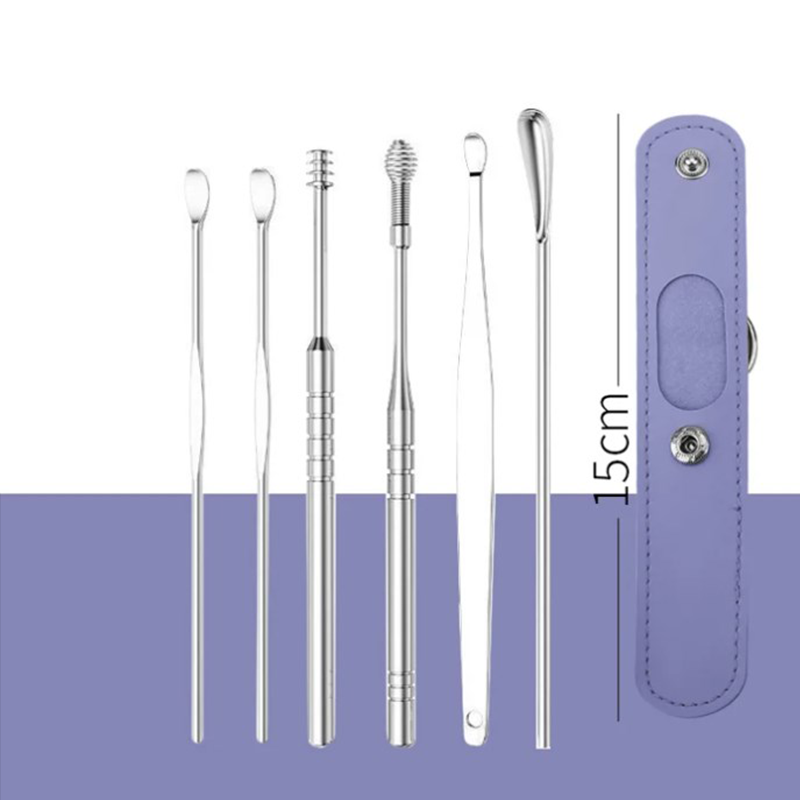 Kit de perçage d'oreille portable 6 pièces en acier inoxydable - Outil de nettoyage d'oreille en spirale