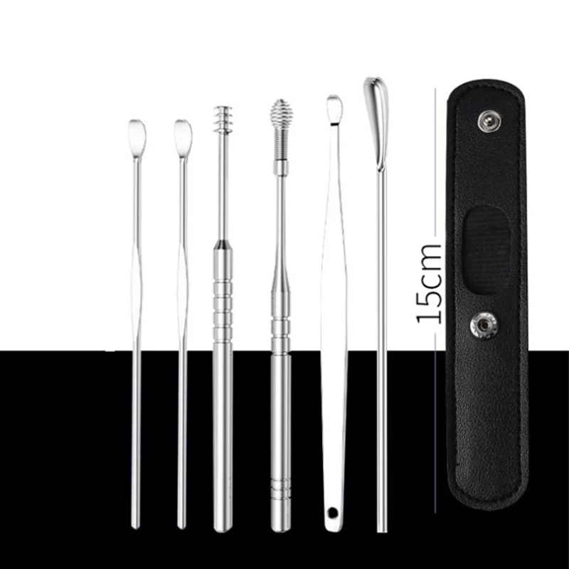 Kit de perçage d'oreille portable 6 pièces en acier inoxydable - Outil de nettoyage d'oreille en spirale