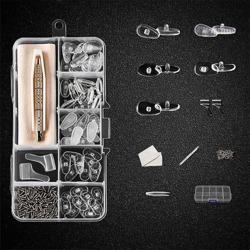 Kit de réparation pour plaquettes de lunettes - Remplacez vos plaquettes usées et vos vis rouillées à la maison. Pas de frais d'opticien - gardez vos lunettes confortables et bien ajustées !