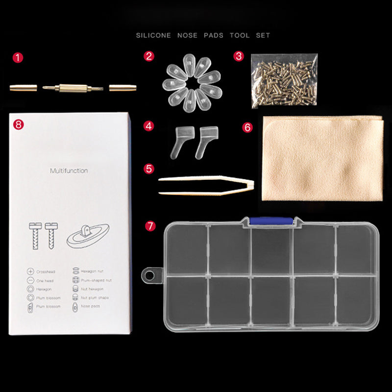 Kit de réparation pour plaquettes de lunettes - Remplacez vos plaquettes usées et vos vis rouillées à la maison. Pas de frais d'opticien - gardez vos lunettes confortables et bien ajustées !
