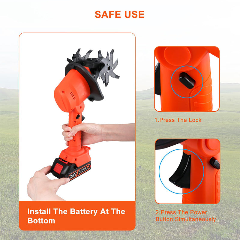 Motobineuse sans fil rechargeable 2026 – Sans fil, sans essence. Lames en acier 65Mn, poignée antidérapante. Parfaite pour les plates-bandes et les bordures. Dites adieu au travail manuel