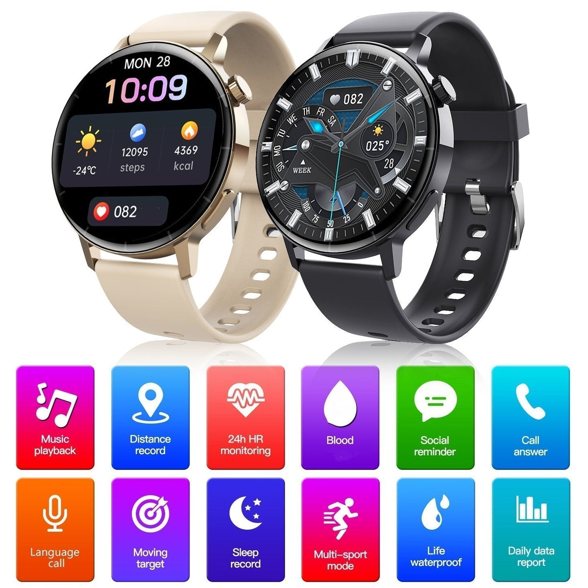 Montre intelligente Bluetooth multifonction avec surveillance complète de la santé 24h/24 et 7j/7