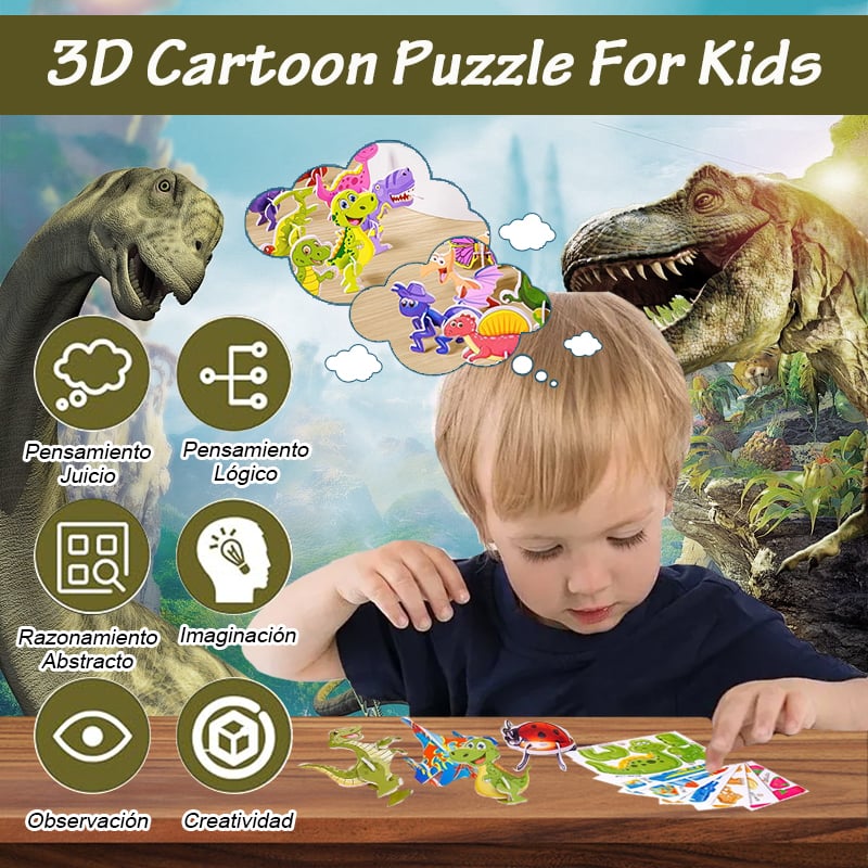 & PUZZLE 3D ÉDUCATIF - Ensemble de 50 pièces de dinosaures de dessins animés aux couleurs vives, développe la créativité et la pensée spatiale pour les 4 ans et plus