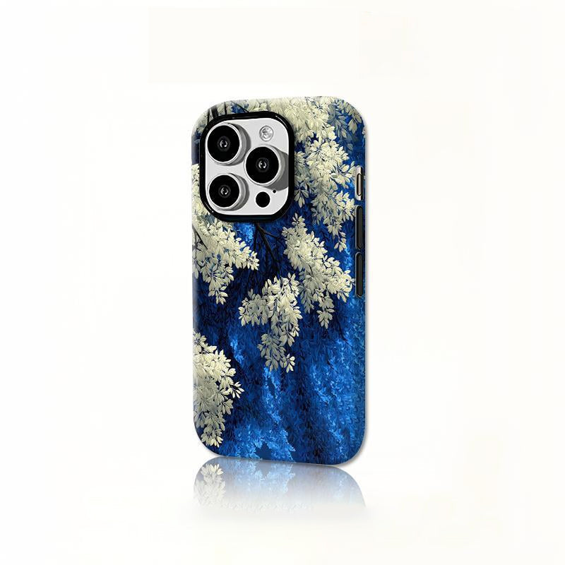 Coque de téléphone à motif floral bleu et blanc pour iPhone