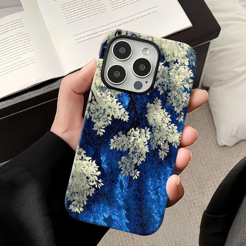 Coque de téléphone à motif floral bleu et blanc pour iPhone