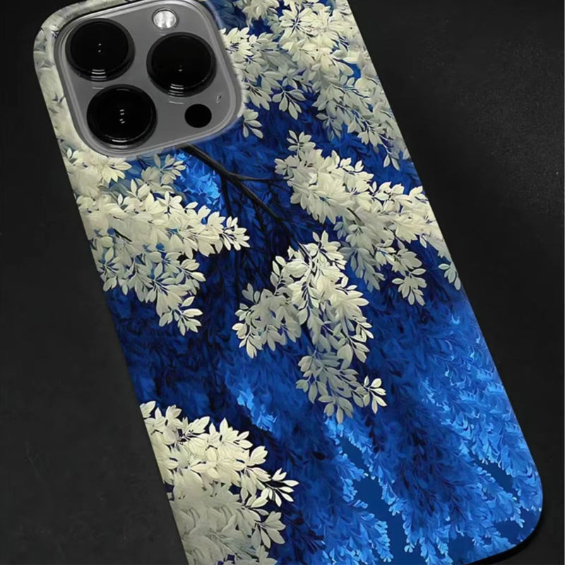 Coque de téléphone à motif floral bleu et blanc pour iPhone