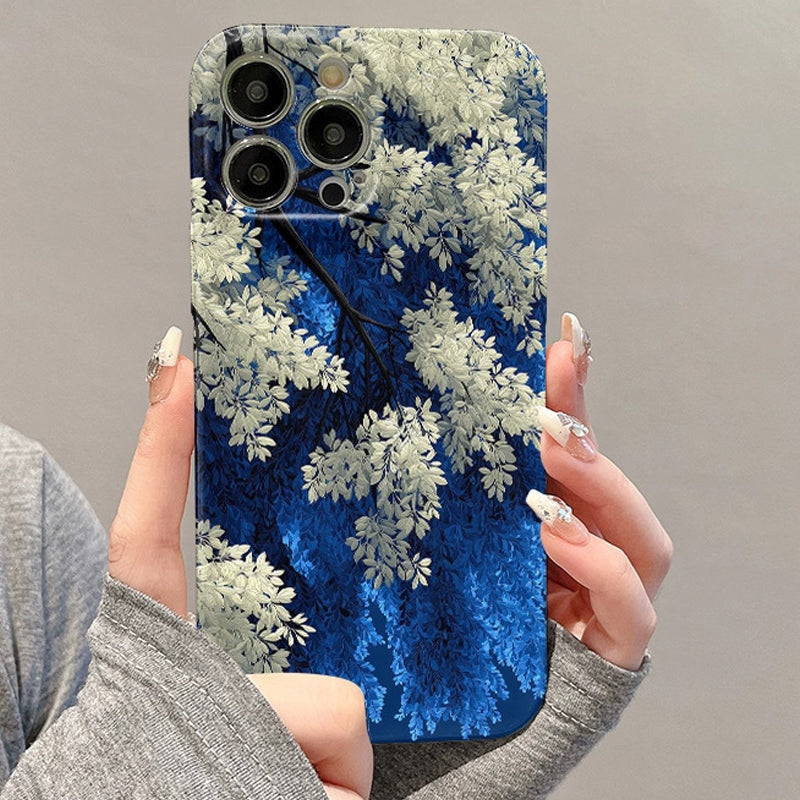 Coque de téléphone à motif floral bleu et blanc pour iPhone
