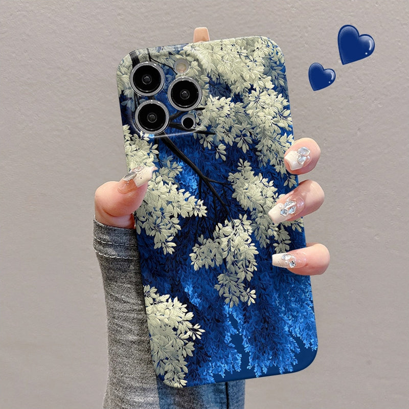 Coque de téléphone à motif floral bleu et blanc pour iPhone