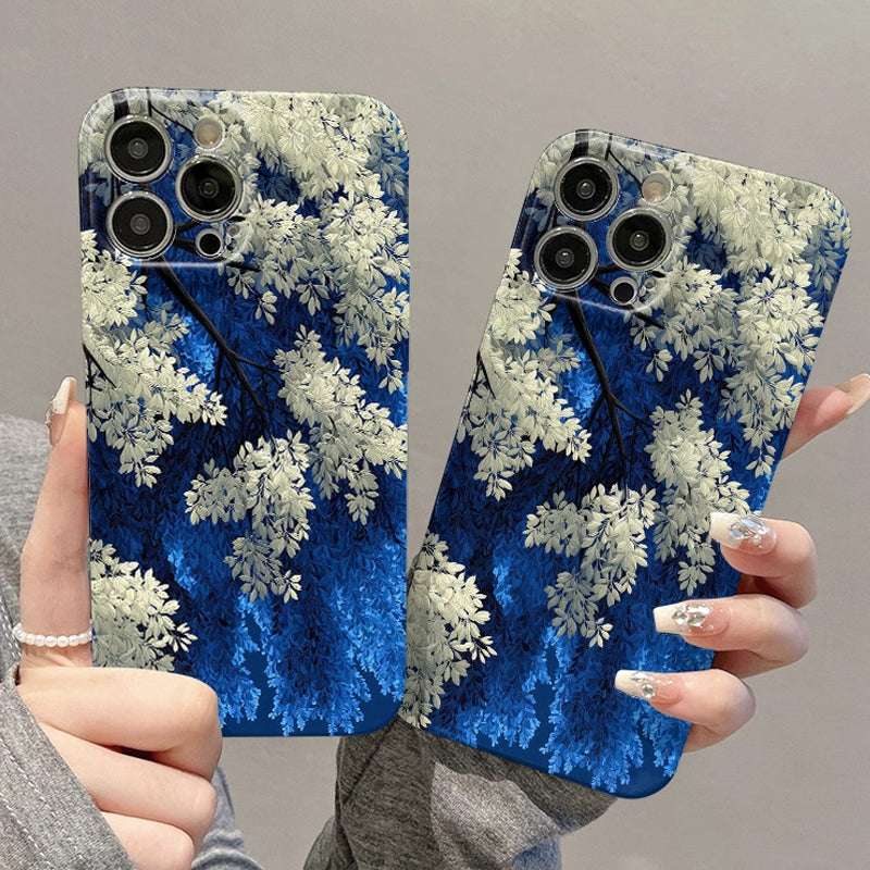 Coque de téléphone à motif floral bleu et blanc pour iPhone