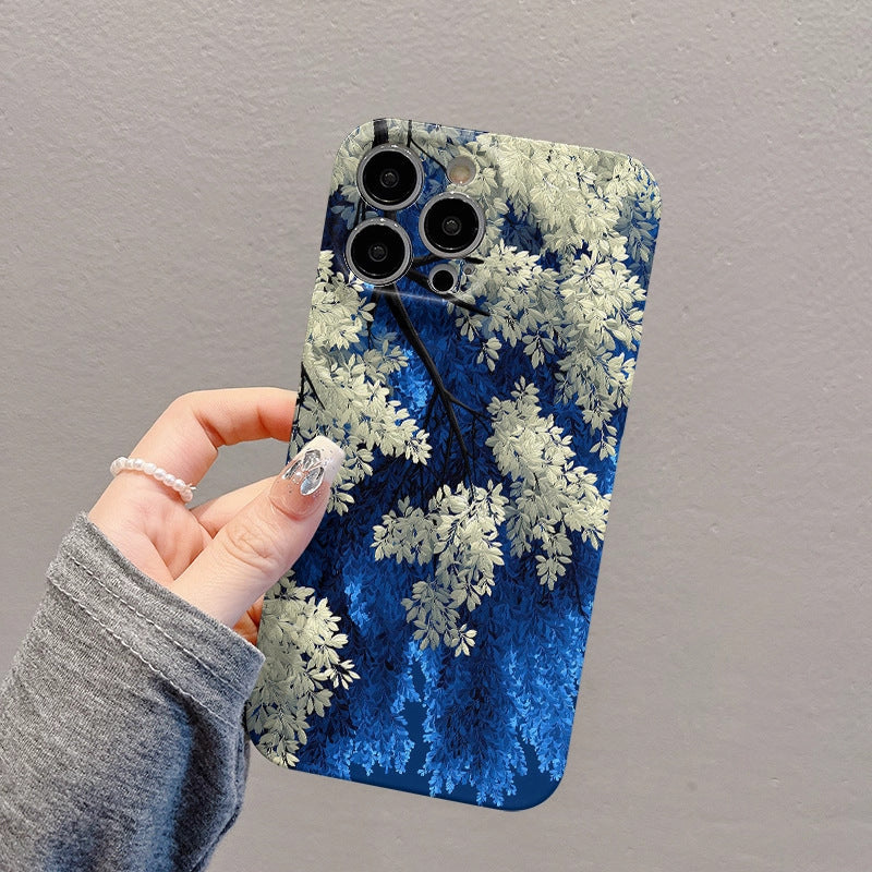 Coque de téléphone à motif floral bleu et blanc pour iPhone