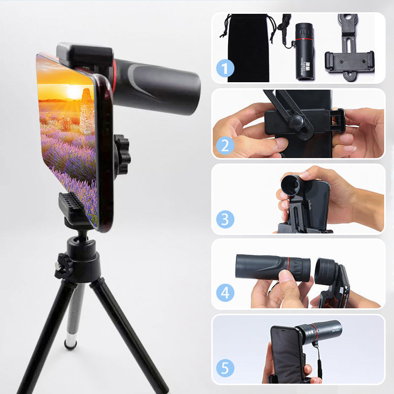 MAINTENANT ! Télescope monoculaire portable d'extérieur - 12x50 haute définition avec adaptateur pour smartphone pour les aventures