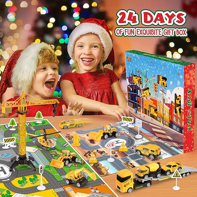 Calendrier de l'Avent de Noël pour garçons : Véhicules de chantier en alliage – Jouets