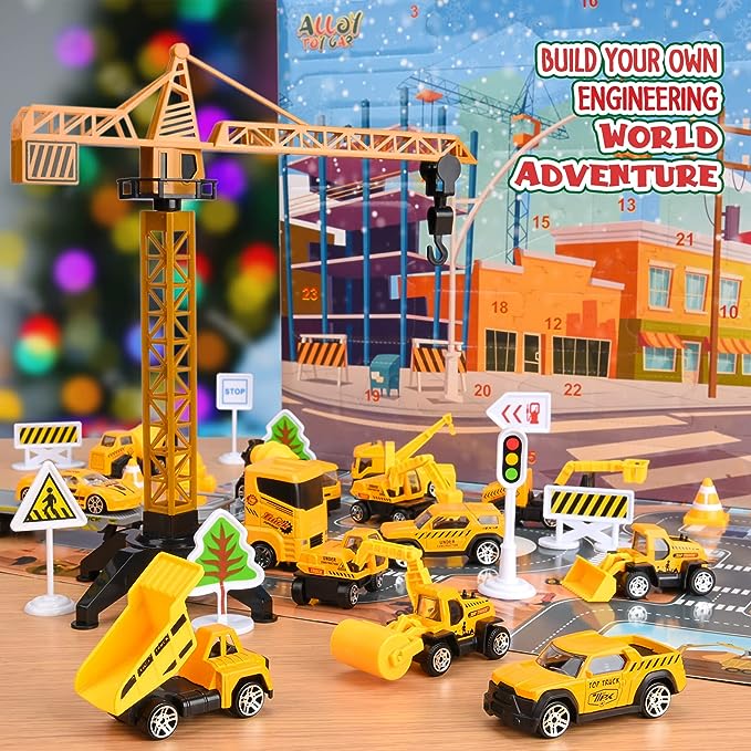 Calendrier de l'Avent de Noël pour garçons : Véhicules de chantier en alliage – Jouets