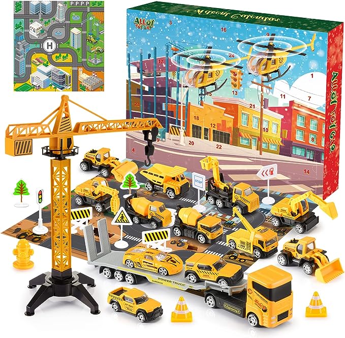 Calendrier de l'Avent de Noël pour garçons : Véhicules de chantier en alliage – Jouets