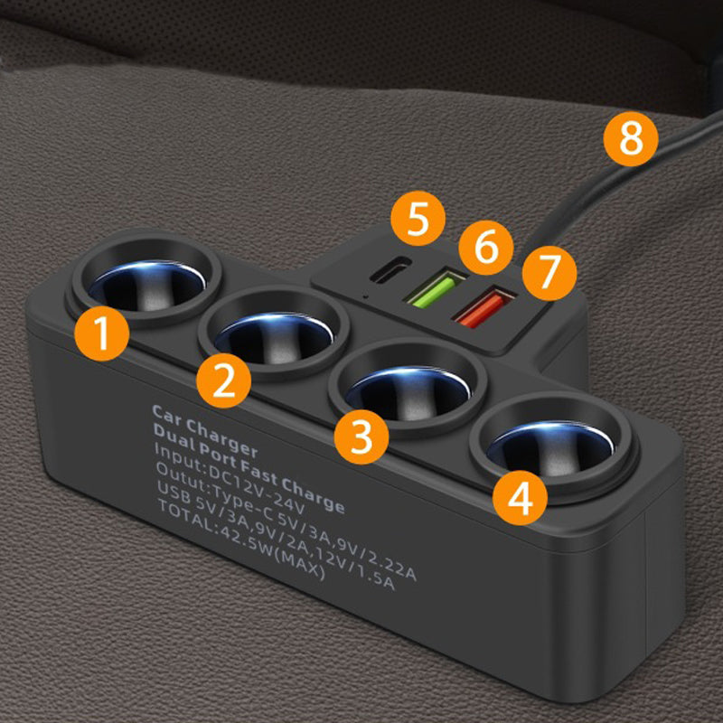 Adaptateur allume-cigare 7-en-1 : 4 prises + 3 ports de charge rapide – stable et sûr pour voitures/camions