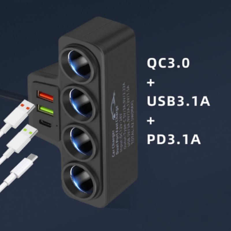 Adaptateur allume-cigare 7-en-1 : 4 prises + 3 ports de charge rapide – stable et sûr pour voitures/camions