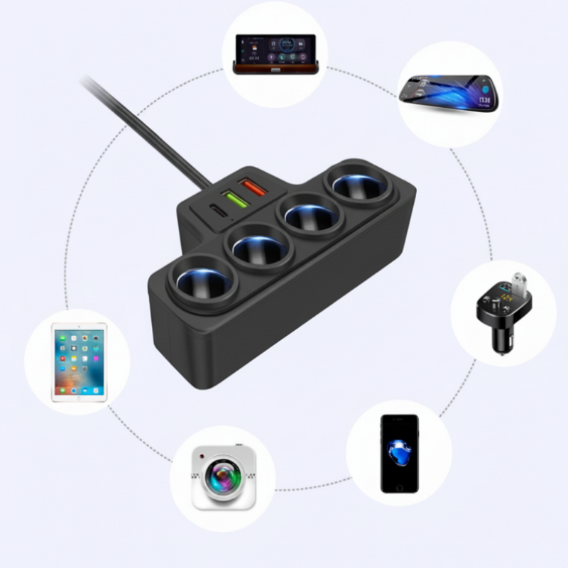 Adaptateur allume-cigare 7-en-1 : 4 prises + 3 ports de charge rapide – stable et sûr pour voitures/camions