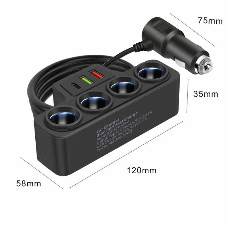 Adaptateur allume-cigare 7-en-1 : 4 prises + 3 ports de charge rapide – stable et sûr pour voitures/camions