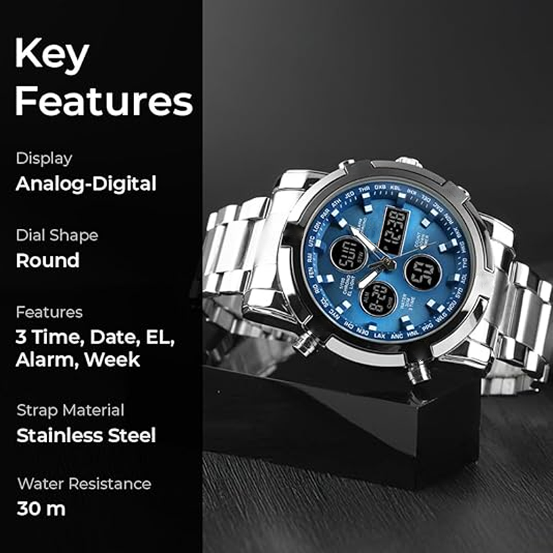 Montre militaire étanche pour hommes – Analogique-numérique, acier inoxydable et antichoc