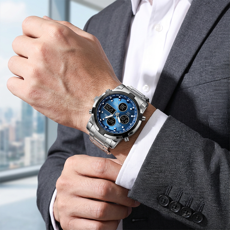 Montre militaire étanche pour hommes – Analogique-numérique, acier inoxydable et antichoc