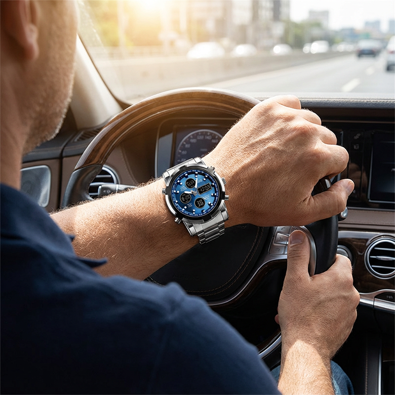 Montre militaire étanche pour hommes – Analogique-numérique, acier inoxydable et antichoc