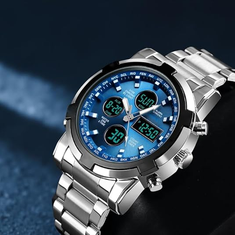 Montre militaire étanche pour hommes – Analogique-numérique, acier inoxydable et antichoc