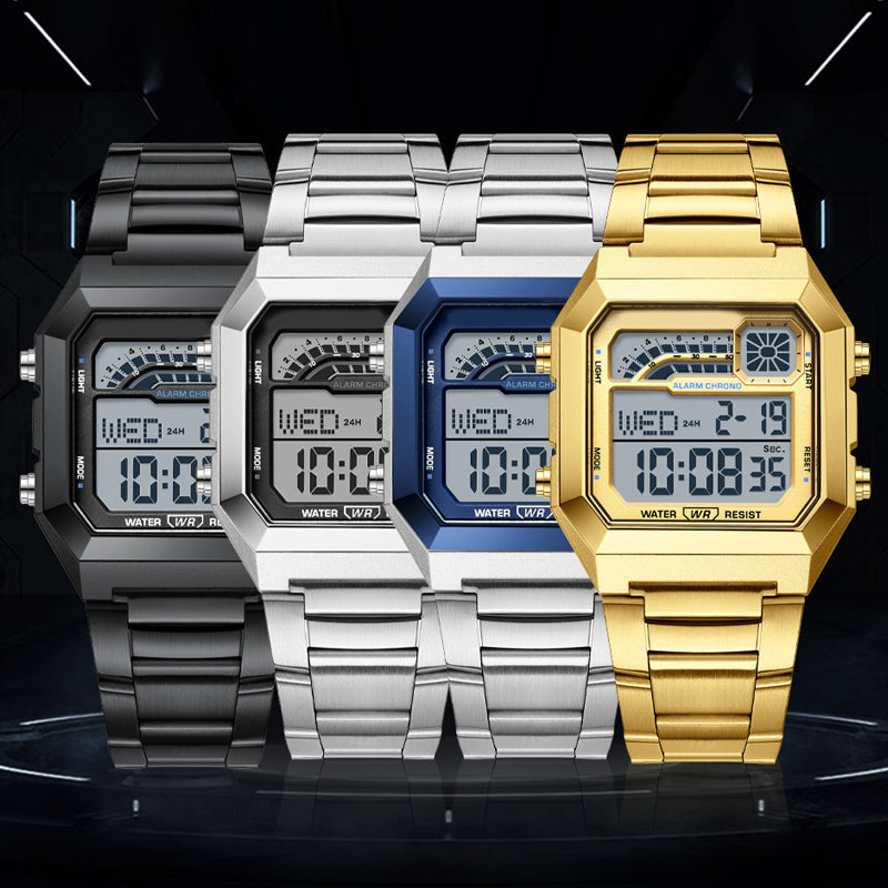 Montre numérique unisexe avec écran carré et affichage lumineux