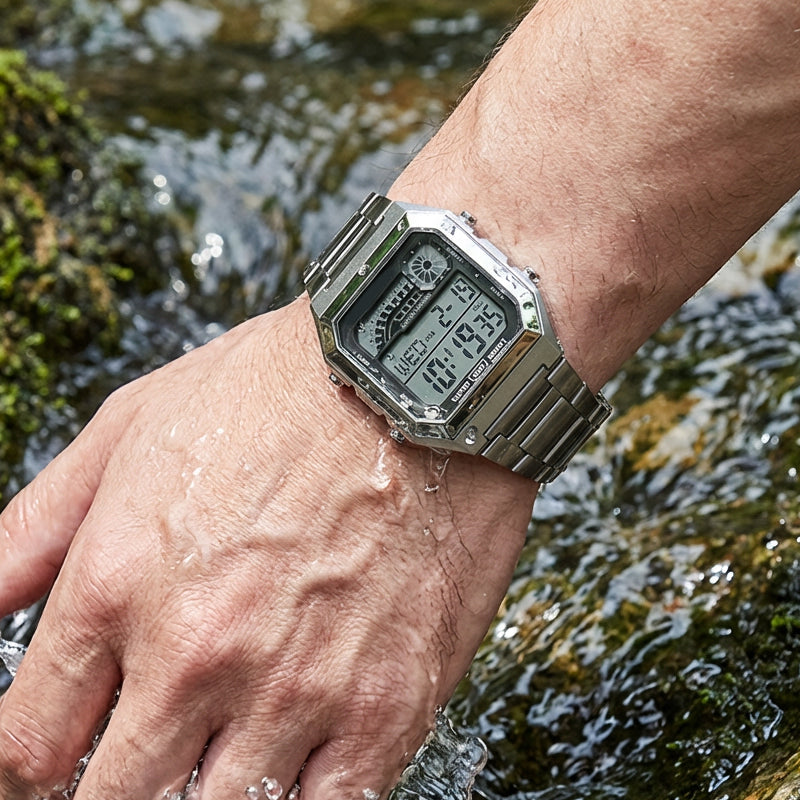Montre numérique unisexe avec écran carré et affichage lumineux