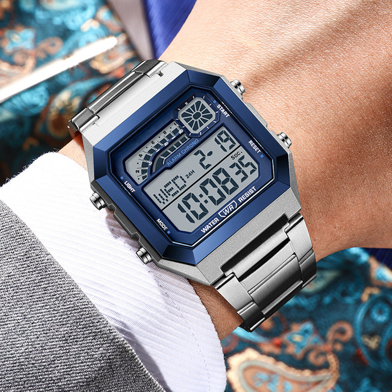 Montre numérique unisexe avec écran carré et affichage lumineux