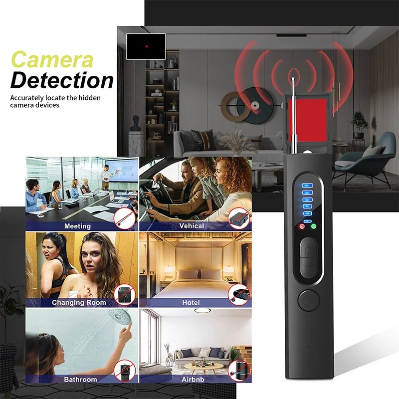 Détecteur anti-espion 2026 – 5 modes de détection, 6 niveaux de sensibilité. Trouve les caméras cachées, les appareils d'écoute et les traceurs GPS. Restez en sécurité dans les hôtels et les voitures