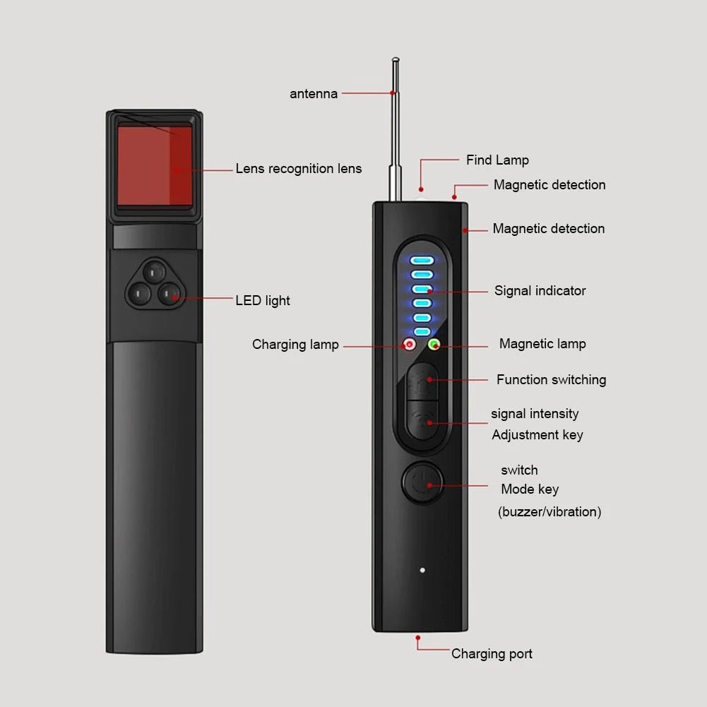 Détecteur anti-espion 2026 – 5 modes de détection, 6 niveaux de sensibilité. Trouve les caméras cachées, les appareils d'écoute et les traceurs GPS. Restez en sécurité dans les hôtels et les voitures