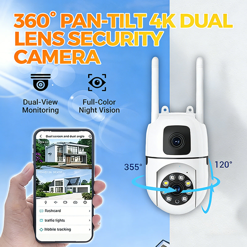 Caméra de sécurité WiFi extérieure à double objectif 4K Pan & Tilt 360°