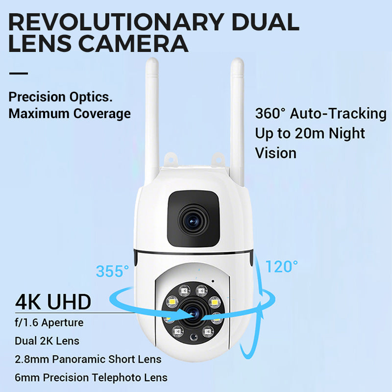 Caméra de sécurité WiFi extérieure à double objectif 4K Pan & Tilt 360°
