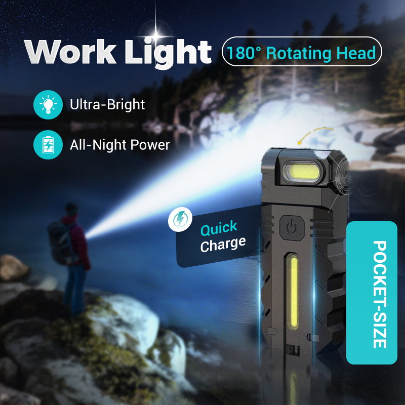 Lampe de travail LED à tête rotative à 180° – Double faisceau, base magnétique et rechargeable par USB-C