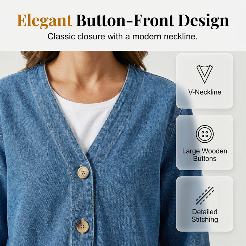 MAINTENANT ! Blouson en jean classique à boutons pour femme – Col en V, tissu respirant et coupe décontractée